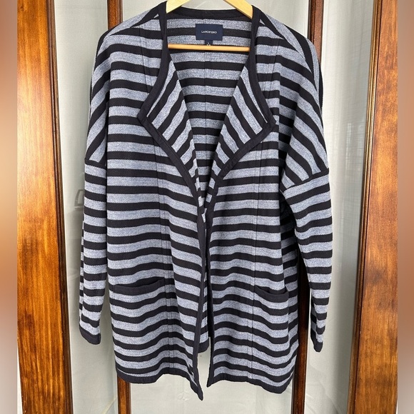 Lands End Cardigan Womens Large 14-16 Blue Open Front Sweater Pocket Blazer Knit - Picture 1 of 7